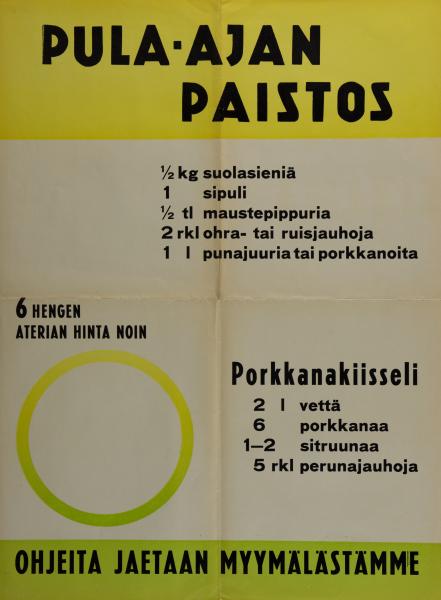 Mainosjuliste, jossa pula-ajan tuokareseptejä